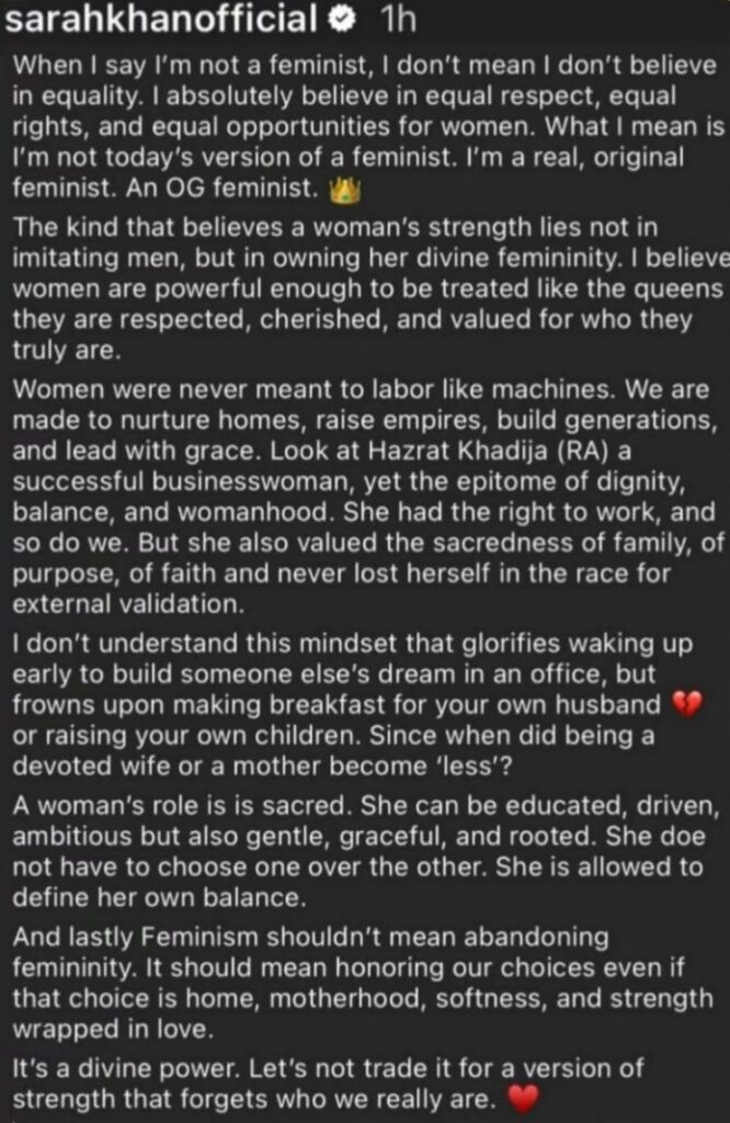 Sarah Khan anti-feminism remark